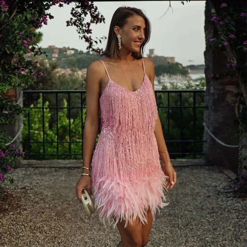 Abend-Minikleid mit Pailletten und Federn – Hannah
