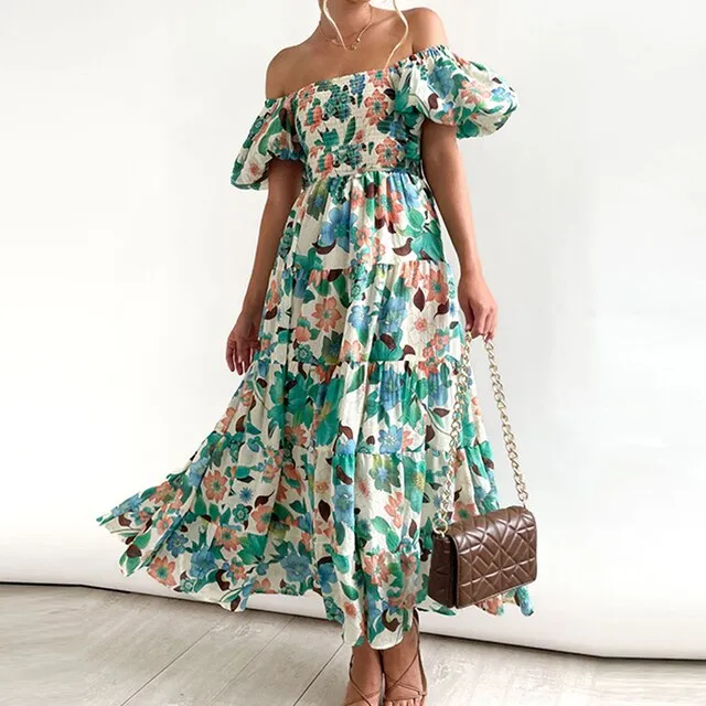 Blumiges Maxikleid mit Puffärmeln