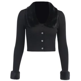 Heidi-Mode | Damen schwarzer kurzer Pullover mit flauschigem Fellkragen und Knöpfen