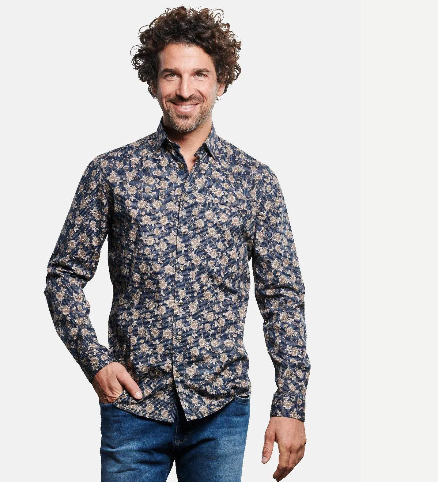 Herren engbers Langarm-Hemd mit All-Over-Print in Beige kaufen 32468