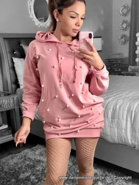 Perlen Deko Kapuzen Sweater Lang in Rosa
