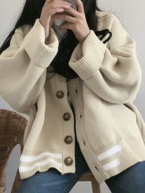 Preppy gestreifte Strickjacke mit lockerem V-Ausschnitt