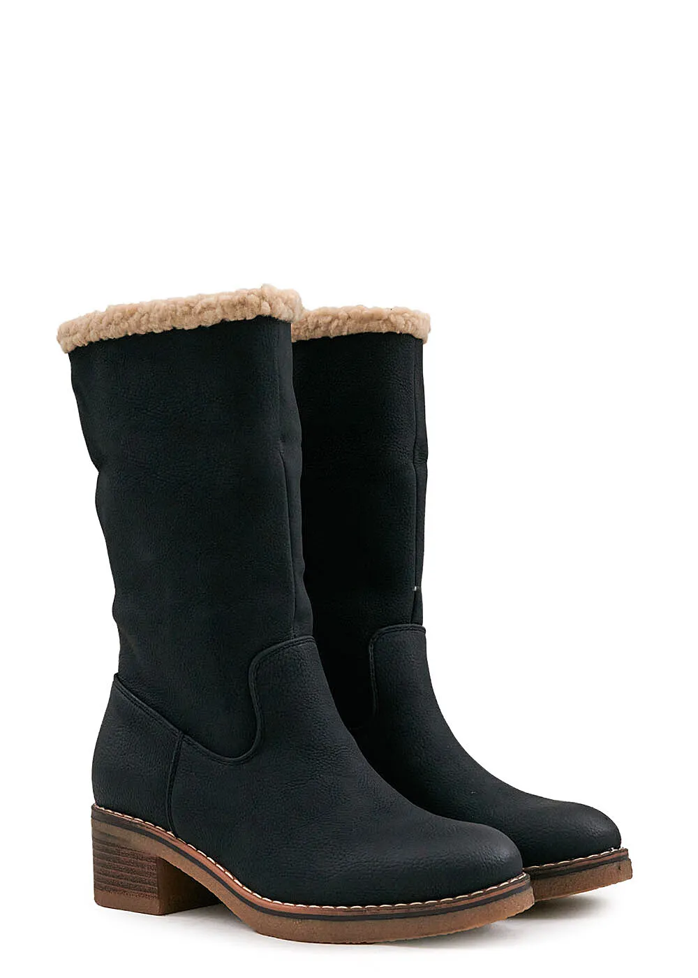 Seventyseven Lifestyle Damen Schuh Kunstleder Stiefelette Zipper und Teddyfell schwarz