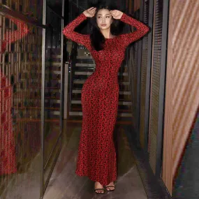 Sexy Maxikleid mit langen Ärmeln und Leopardenmuster
