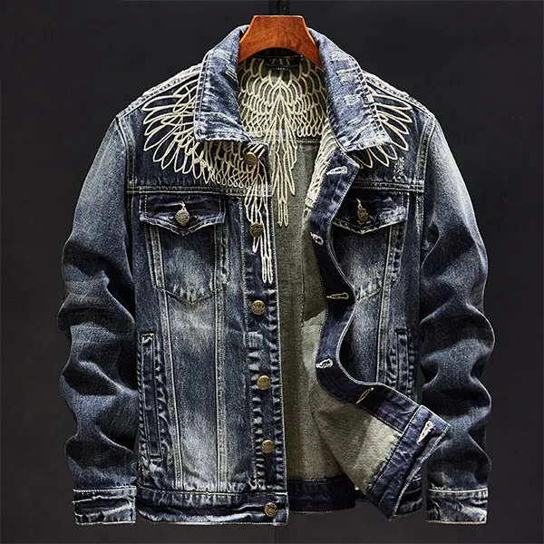 Street Fashion Bestickte Langarm-Jeansjacke im Vintage-Washed-Stil