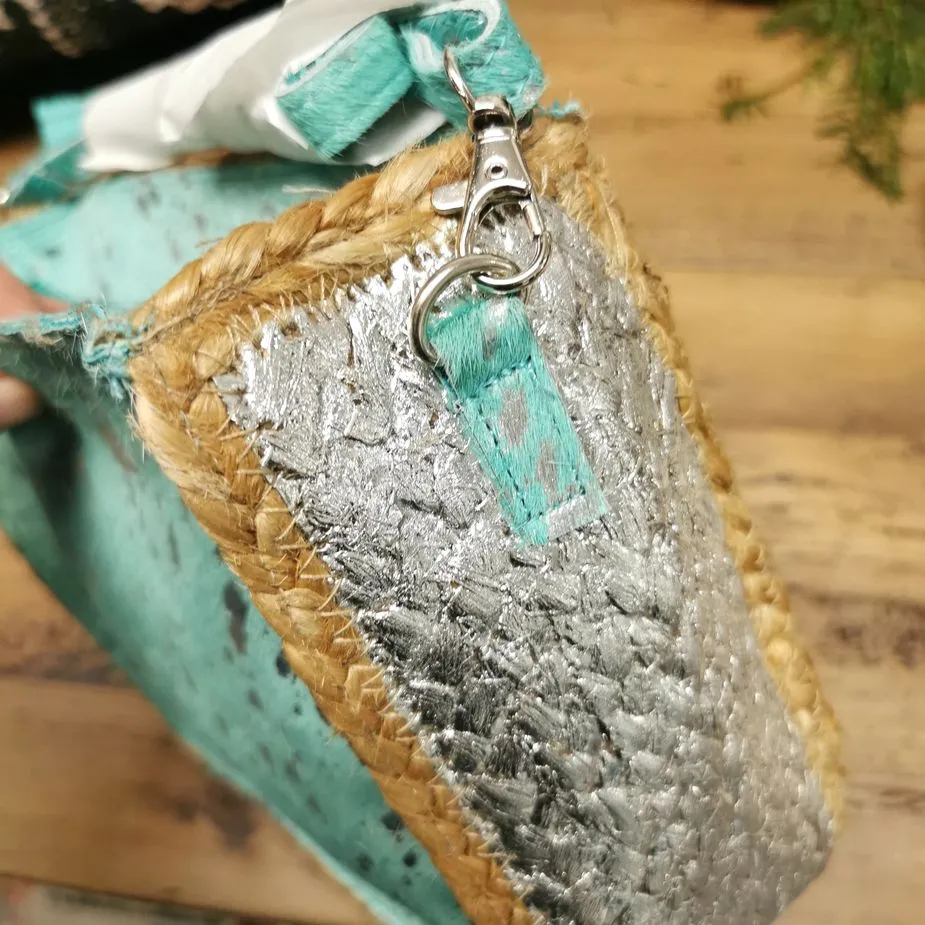 Umhängetasche aus Jute türkis silber NEU